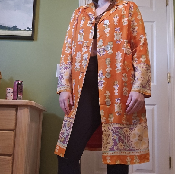 Vintage Silk Orange Purple Floral Coat Jacket - Picture 13 of 13